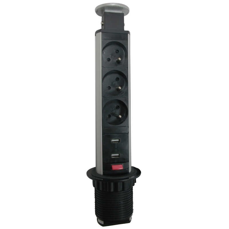                         Bloc multi-prises escamotable Arlux - 3 prises 2P+T - 2 ports USB - Vertical - Noire