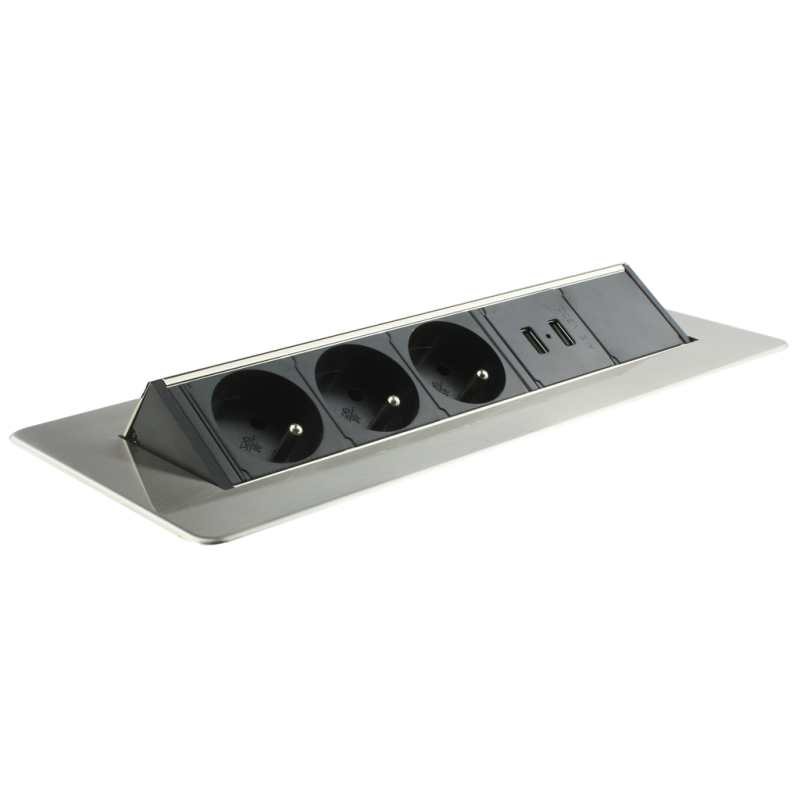                         Bloc multi-prises escamotable Arlux - 3 prises 2P+T - 2 ports USB - Horizontal - Noire