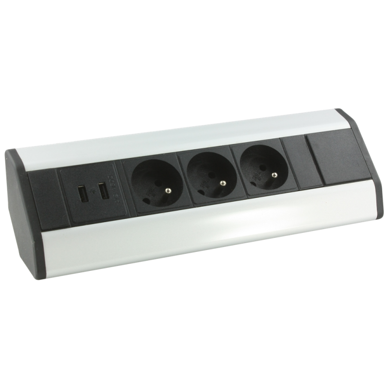                         Bloc multi-prises d'angle Arlux - 3 prises 2P+T - 2 ports USB - Horizontal - Noir/Alu