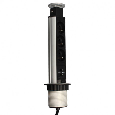BLOC PRISE - ESCAMOTABLE - NOIR - 3PC - 2P+T - 2 USB