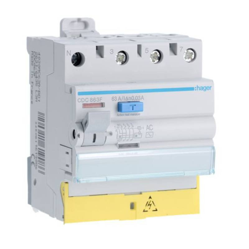                         Interrupteur différentiel type AC à bornes décalées Hager - 3P+N - 63A - 30mA