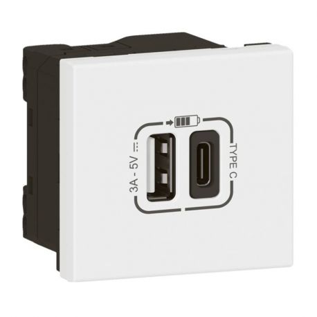 Prise USB type-A + USB type-C Mosaic Link - 3A - 15W - 2 modules - Blanc