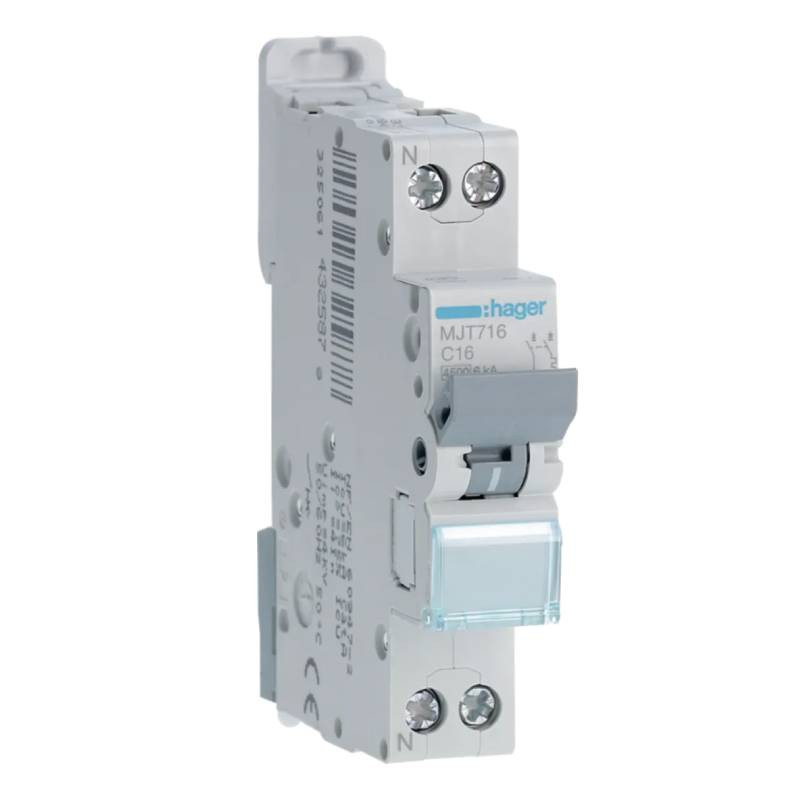                         MJT716 - Disjoncteur 1P+N HAGER - 4.5-6kA - Courbe C - 16A - 1 module