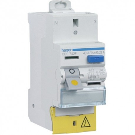 Interrupteur différentiel 1P+N Hager - 40A - 30mA - Type AC à bornes décalées Sanvis